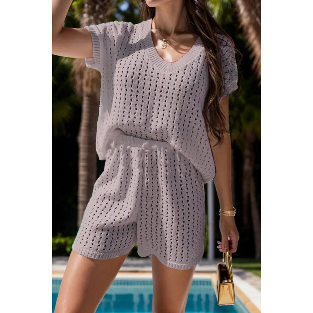 Openwork Short Sleeve Top and Shorts Cover Up Set