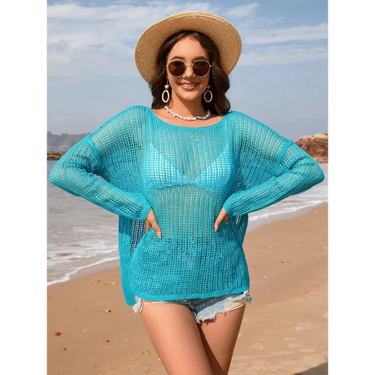 Openwork Slit Boat Neck Long Sleeve Cover-Up - CM Fashion