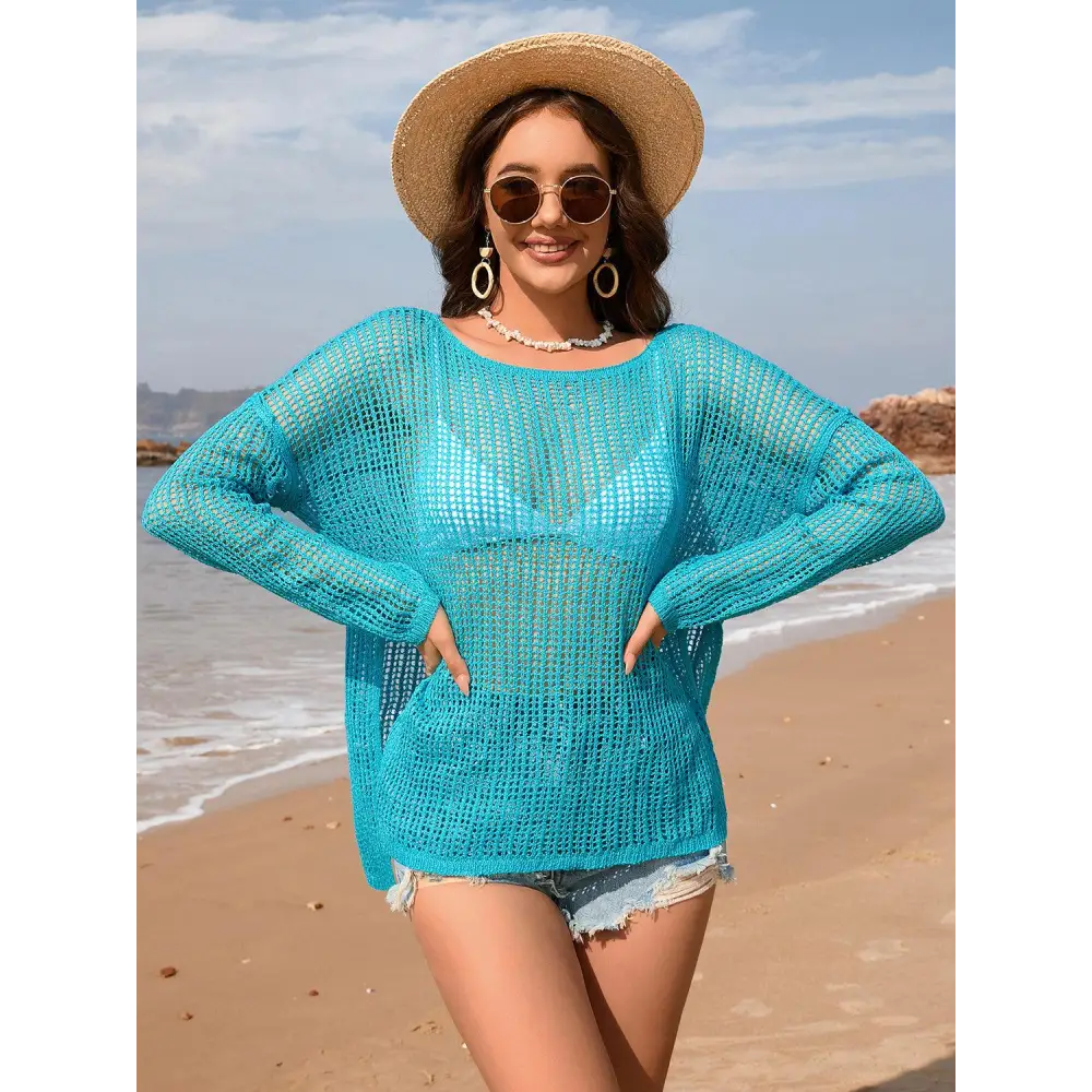 Openwork Slit Boat Neck Long Sleeve Cover-Up