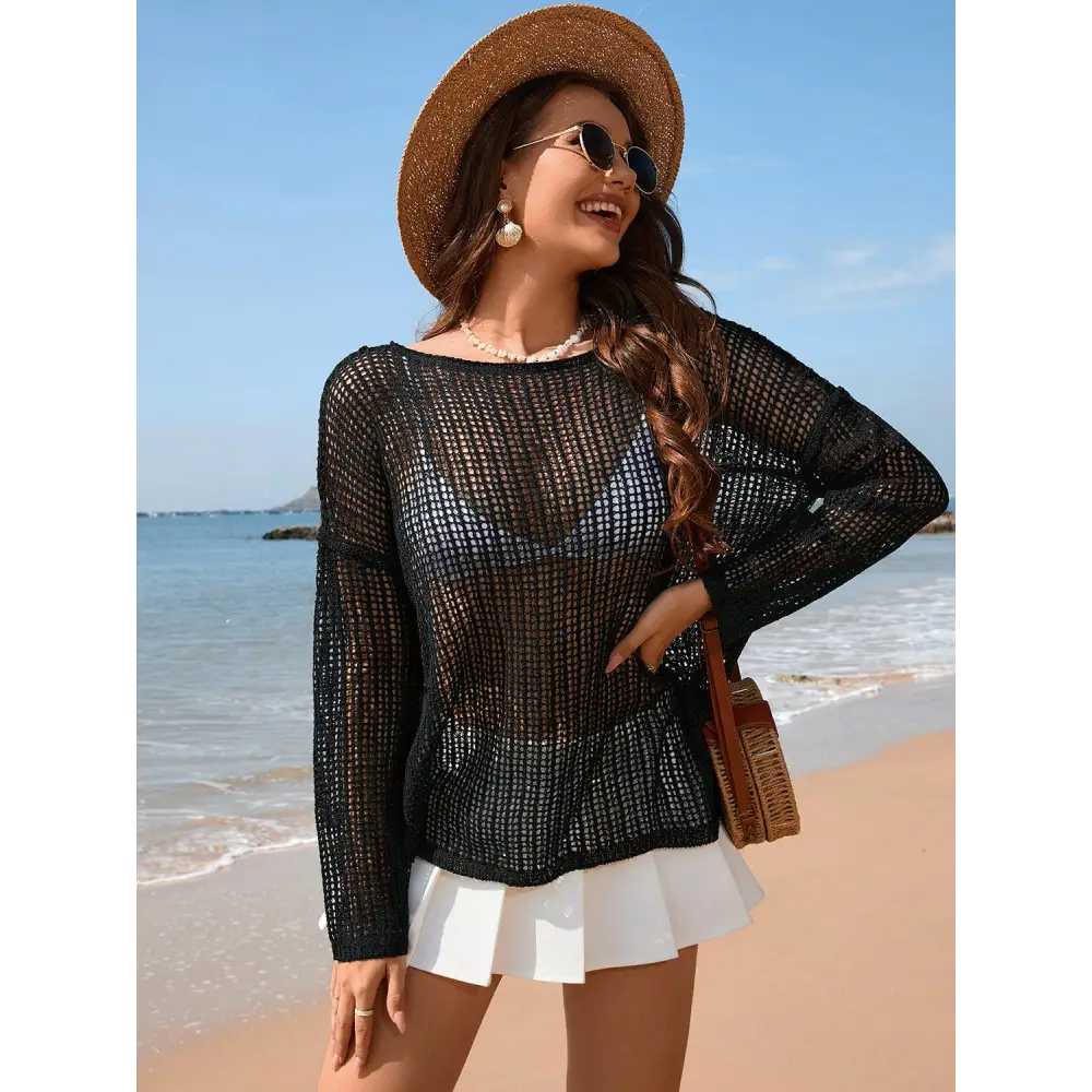 Openwork Slit Boat Neck Long Sleeve Cover-Up