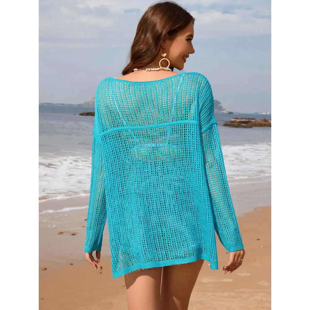 Openwork Slit Boat Neck Long Sleeve Cover-Up