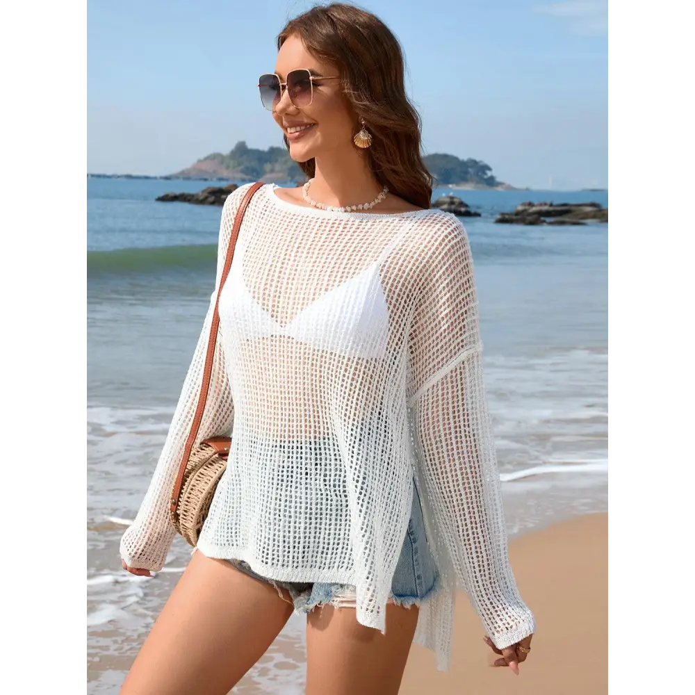 Openwork Slit Boat Neck Long Sleeve Cover-Up