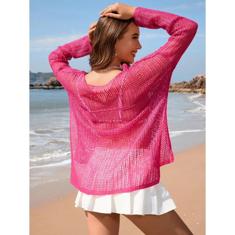 Openwork Slit Boat Neck Long Sleeve Cover-Up