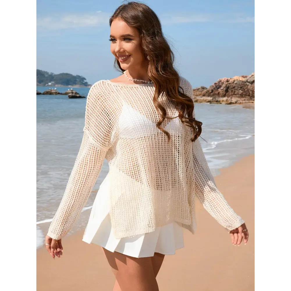 Openwork Slit Boat Neck Long Sleeve Cover-Up