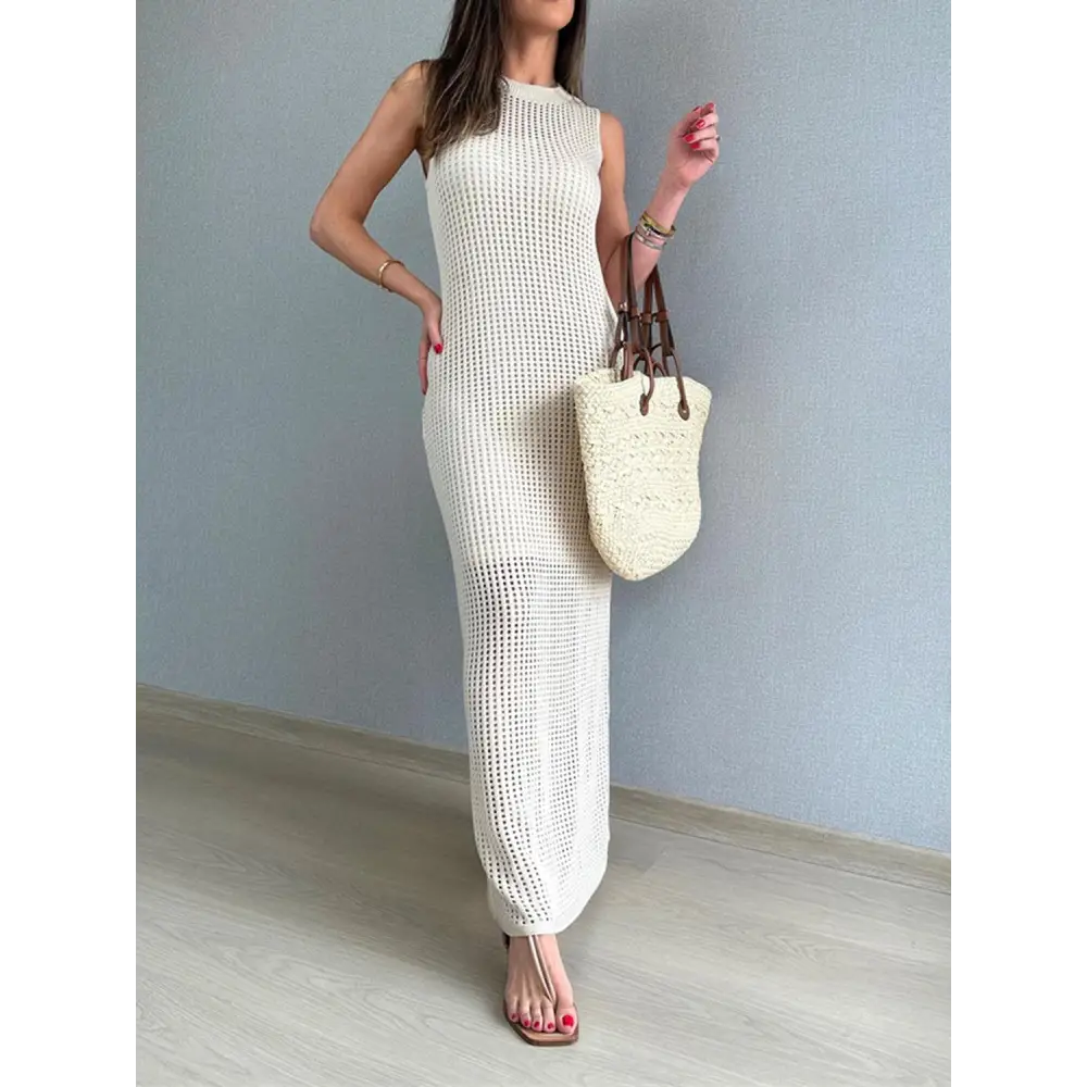 Stunning Openwork Slit Round Neck Cover-Up Maxi Dress