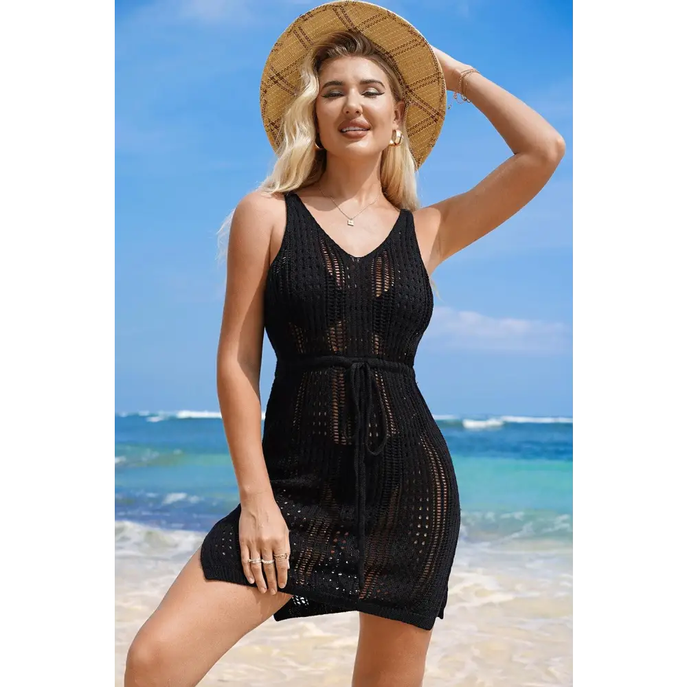 Stunning Openwork Slit V-Neck Sleeveless Cover Up for Beach Glam