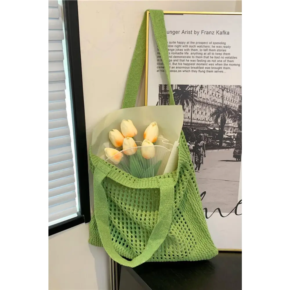 Blooming Openwork Tote Tulip Green Knit Handbag