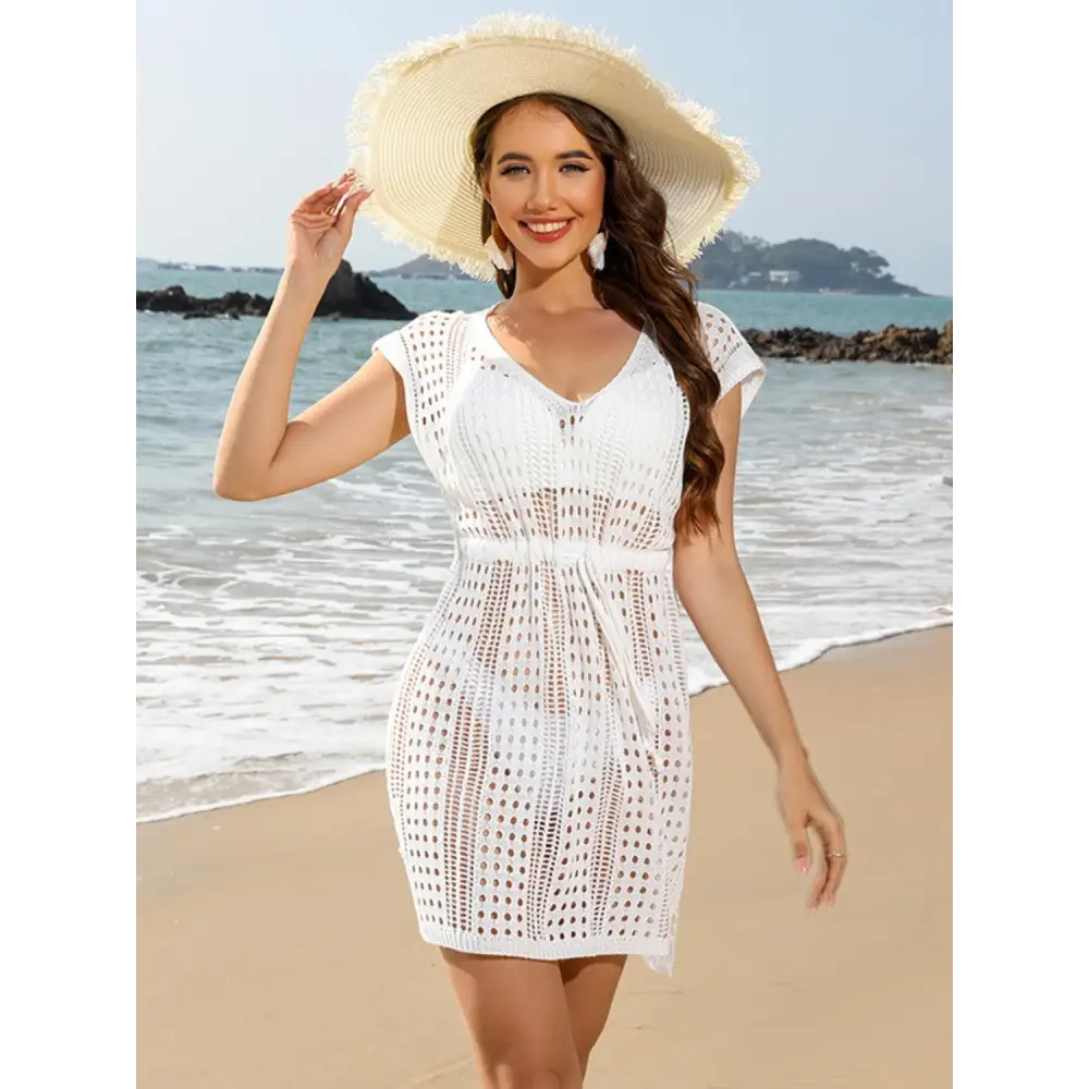 Breezy Openwork V-Neck Cap Sleeve Cover-Up for Beach Bliss