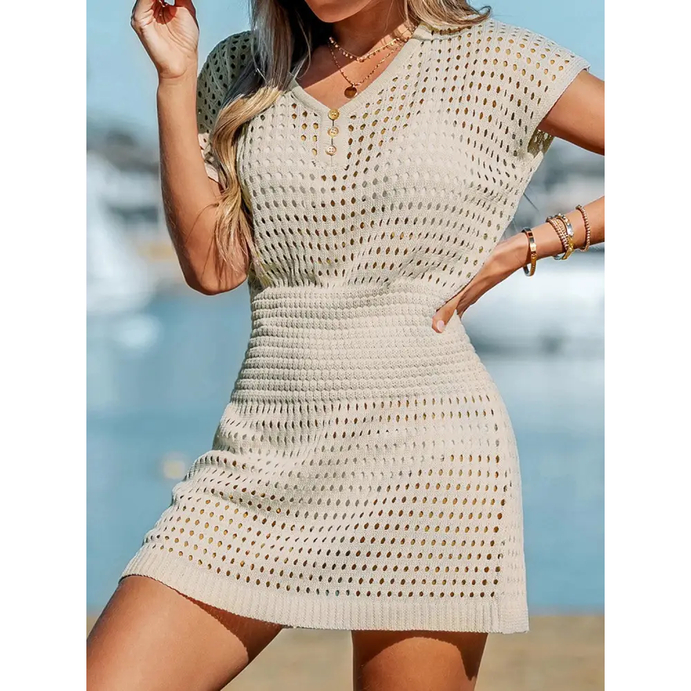 Stunning Openwork V-Neck Short Sleeve Crochet Mini Dress