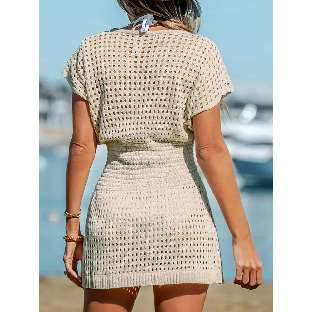 Stunning Openwork V-Neck Short Sleeve Crochet Mini Dress