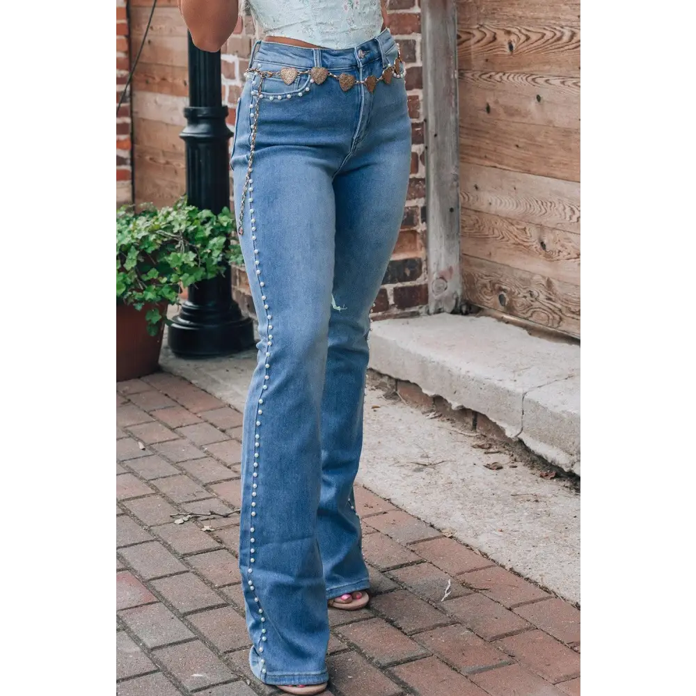 Stunning Pearl Trim High Waist Bootcut Jeans for Effortless Style