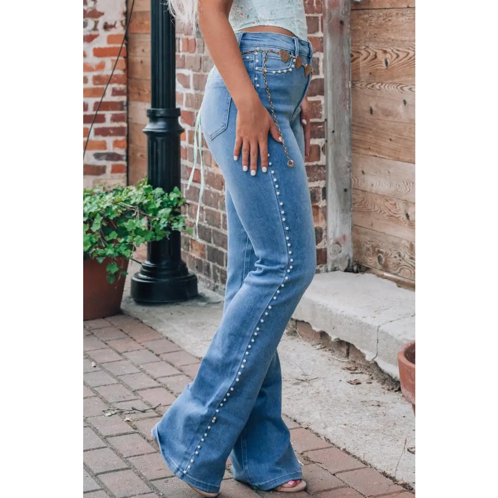 Stunning Pearl Trim High Waist Bootcut Jeans for Effortless Style