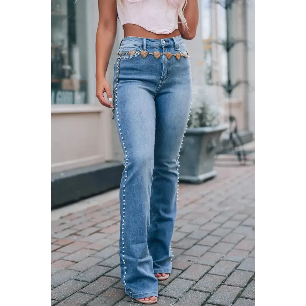 Stunning Pearl Trim High Waist Bootcut Jeans for Effortless Style