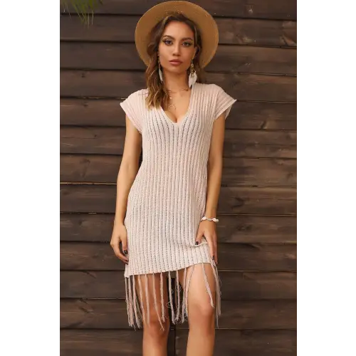 Perfee Fringe Hem Short Sleeve Deep V Cover Up Dress - CM Fashion