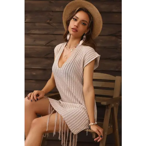 Perfee Fringe Hem Deep V Cover Up Dress for Beach Chic