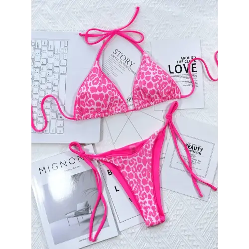 Trends Pink Leopard Print Halter Bikini Set