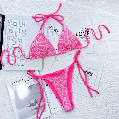 Trends Pink Leopard Print Halter Bikini Set