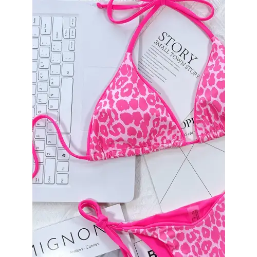 Trends Pink Leopard Print Halter Bikini Set