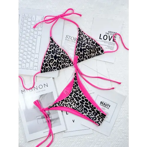 Trends Pink Leopard Print Halter Bikini Set