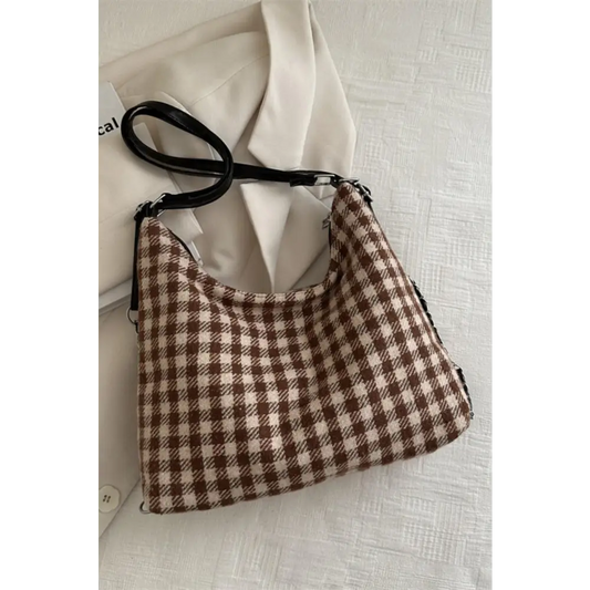 Plaid Adjustable Strap Handbag - CM Fashion