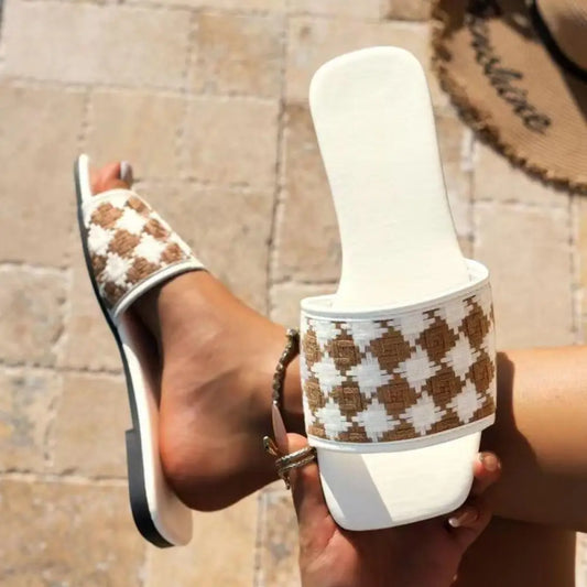 Plaid Open Toe Flat Sandals - CM Fashion