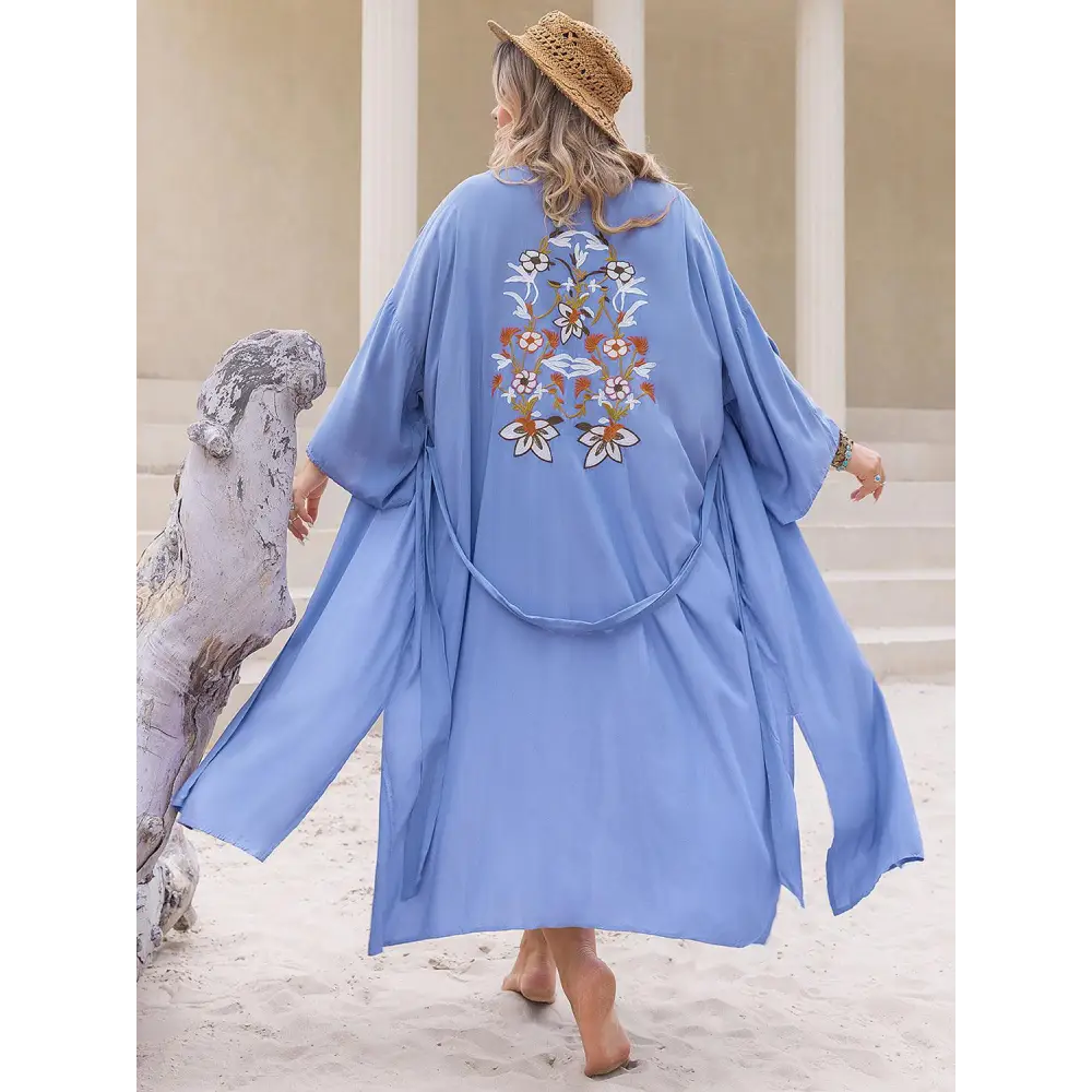 Romantic Plus Size Embroidered Tied Open Front Kimono Cover Up