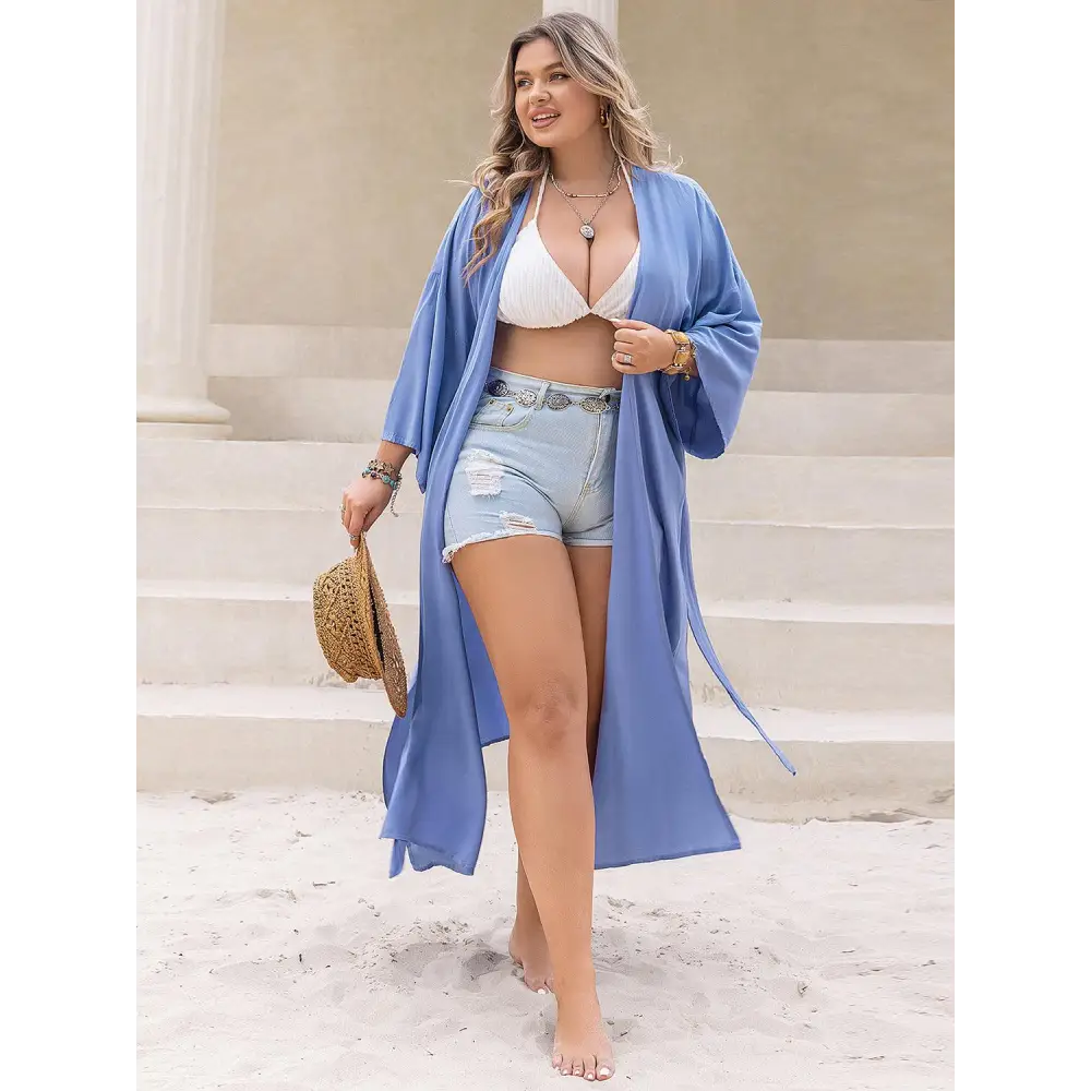 Romantic Plus Size Embroidered Tied Open Front Kimono Cover Up