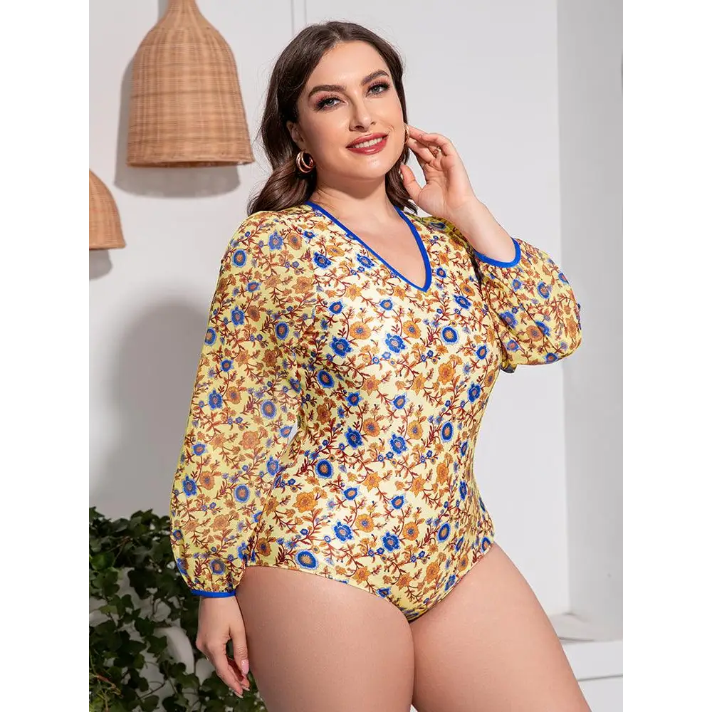 Plus Size Floral Open Back Long Sleeve One-Piece Swimsuit