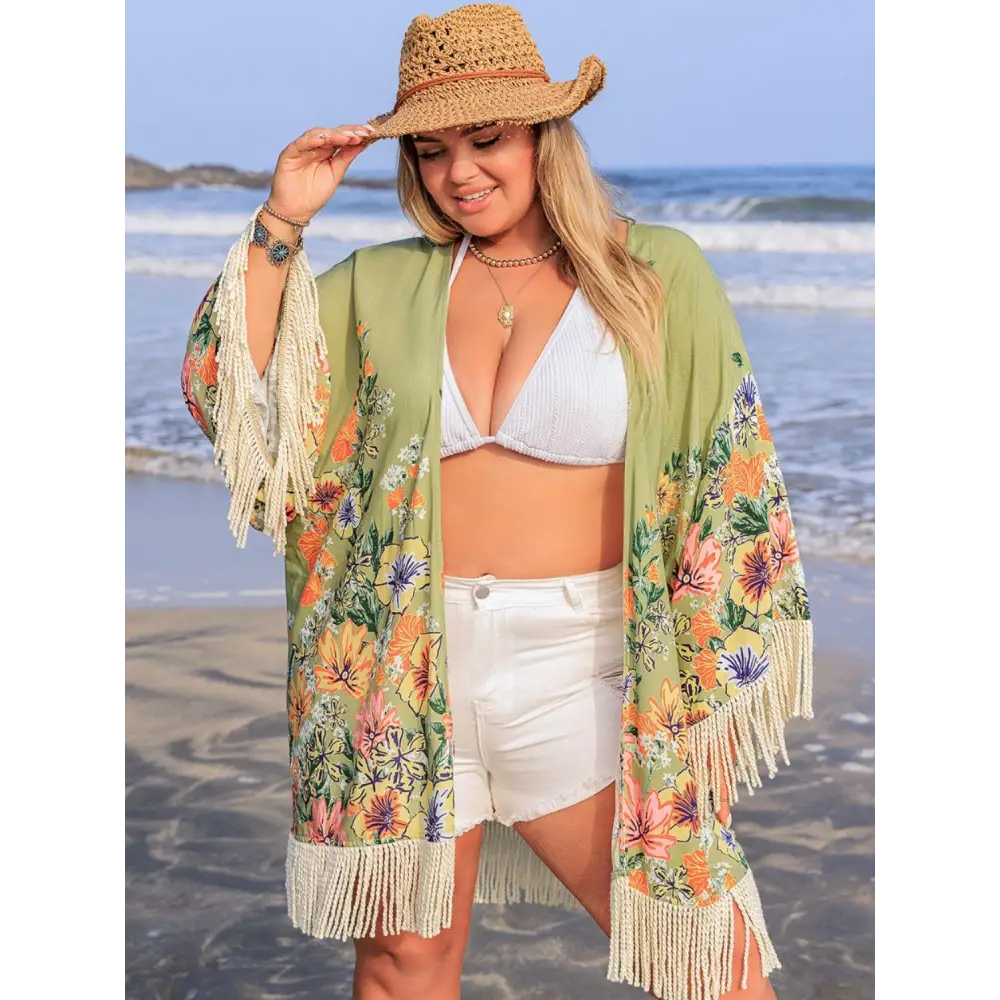 Romantic Plus Size Fringe Open Kimono Cover-Up for Beach Days