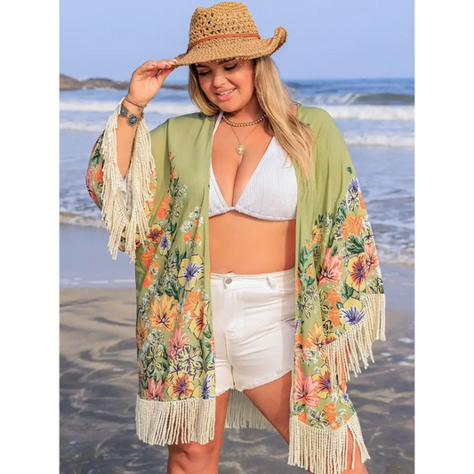 Plus Size Fringe Open Front Cover-Up - CM Fashion