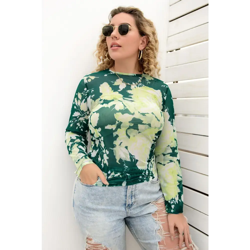 Plus Size Printed Round Neck Long Sleeve Blouse