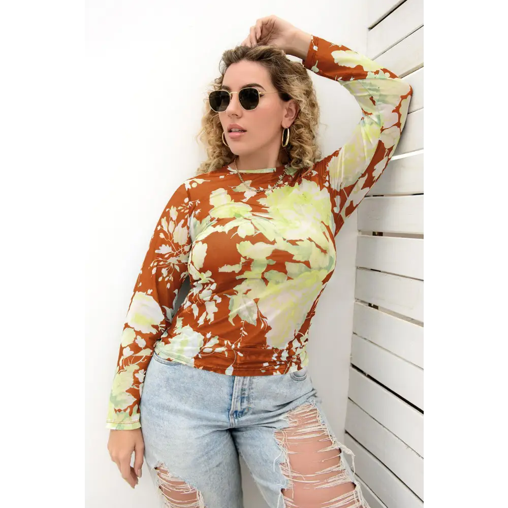 Plus Size Printed Round Neck Long Sleeve Blouse