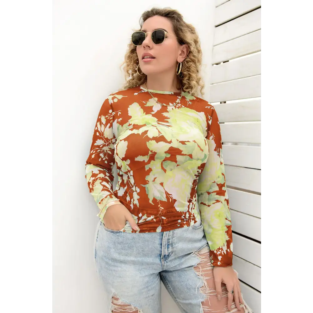 Plus Size Printed Round Neck Long Sleeve Blouse