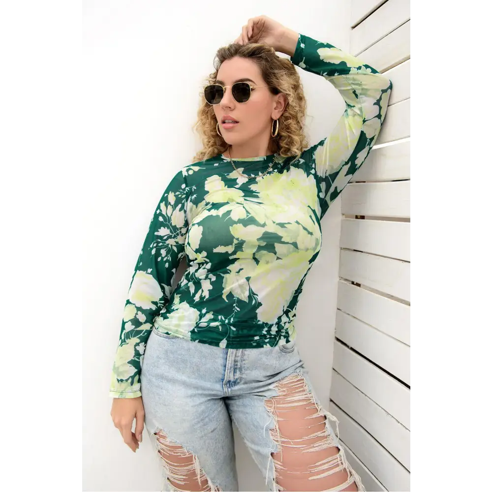 Plus Size Printed Round Neck Long Sleeve Blouse