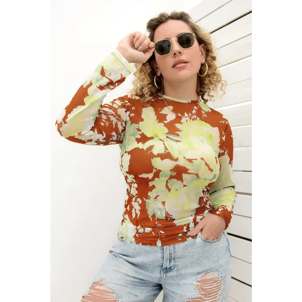 Plus Size Printed Round Neck Long Sleeve Blouse