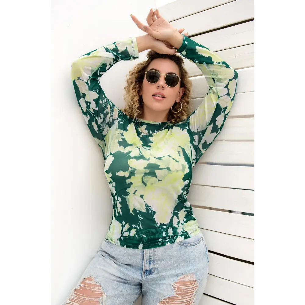 Plus Size Printed Round Neck Long Sleeve Blouse