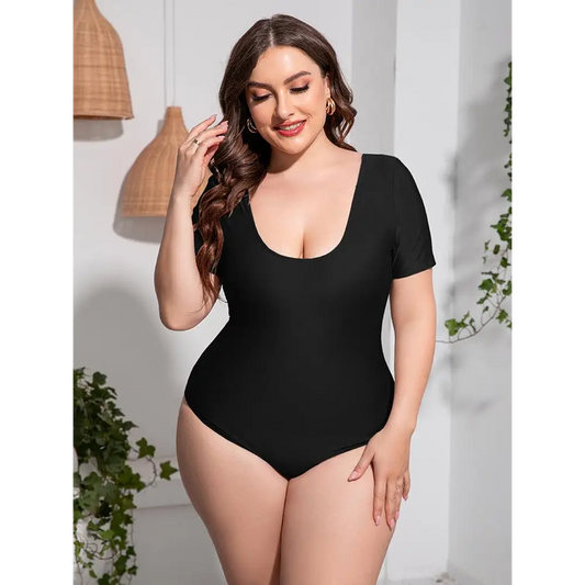 Plus Size Scoop Neck Short Sleeve One-Piece Swimsuit - CM Fashion