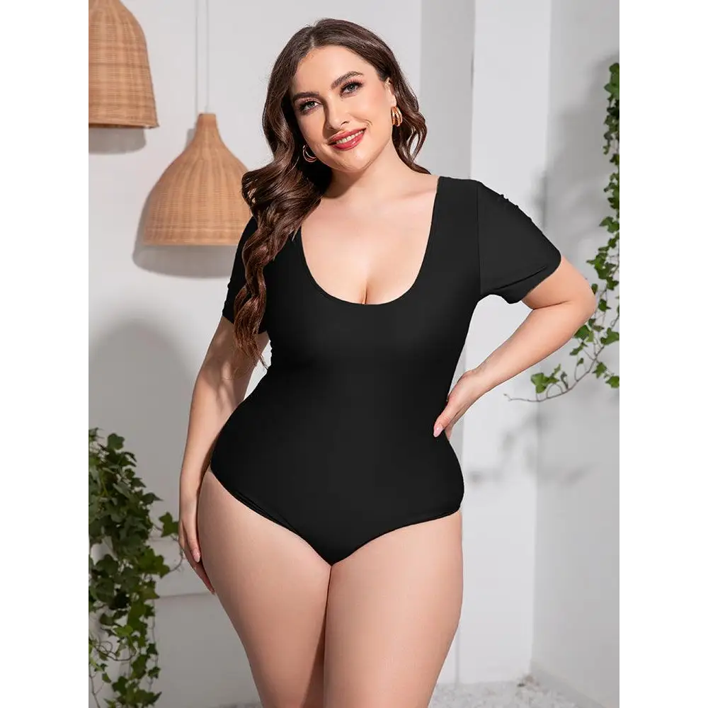 Sleek Black Scoop Neck Short Sleeve One-Piece Swimsuit