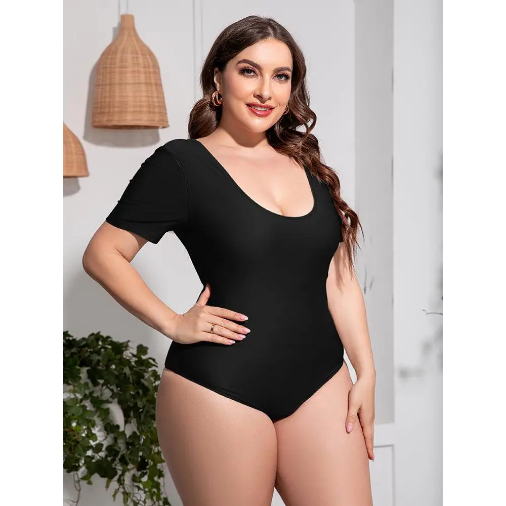 Sleek Black Scoop Neck Short Sleeve One-Piece Swimsuit