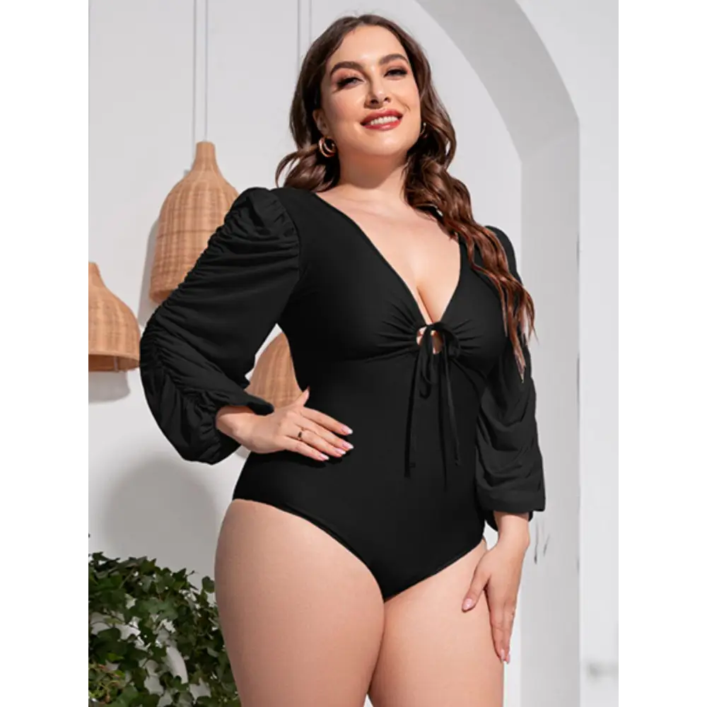 Sultry Deep V Balloon Sleeve One-Piece Swimsuit for Curves