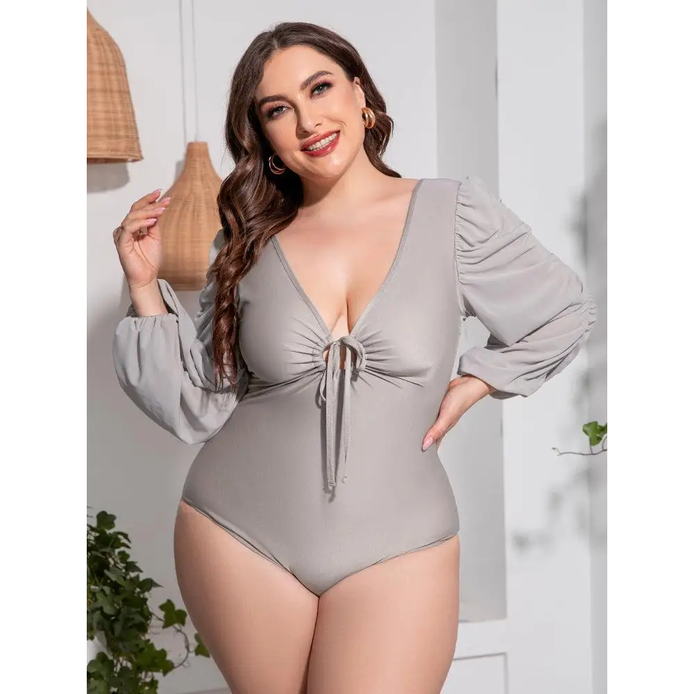 Sultry Deep V Balloon Sleeve One-Piece Swimsuit for Curves