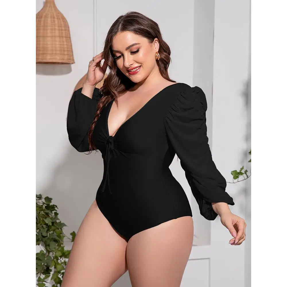 Sultry Deep V Balloon Sleeve One-Piece Swimsuit for Curves