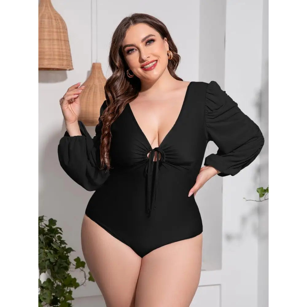 Sultry Deep V Balloon Sleeve One-Piece Swimsuit for Curves