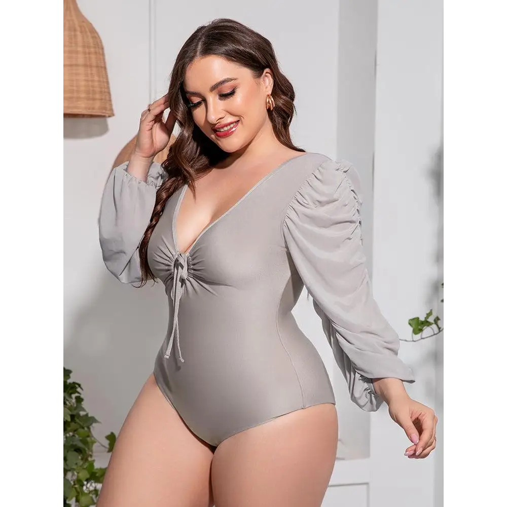 Sultry Deep V Balloon Sleeve One-Piece Swimsuit for Curves