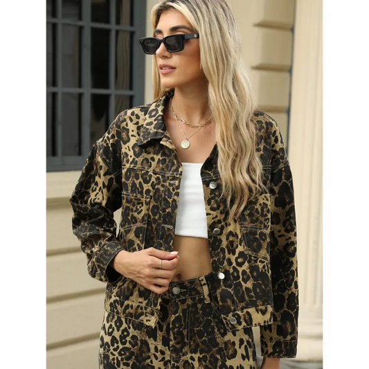 Pocketed Leopard Long Sleeve Denim Jacket - CM Fashion