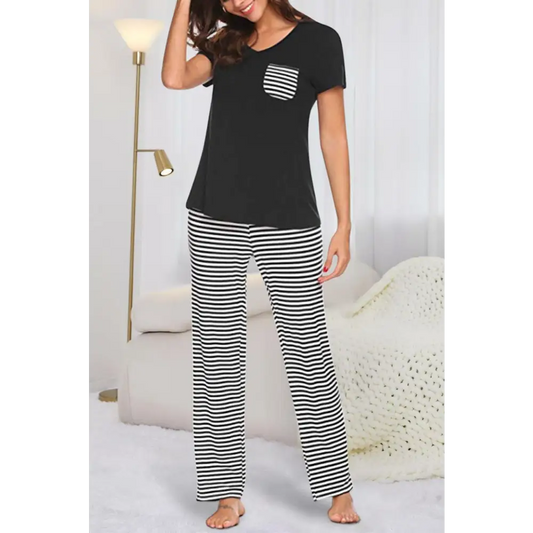 Pocketed Short Sleeve Top and Striped Pants Lounge Set - CM Fashion