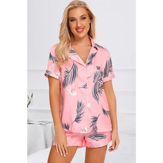 Printed Button Up Short Sleeve Top and Shorts Lounge Set - CM Fashion