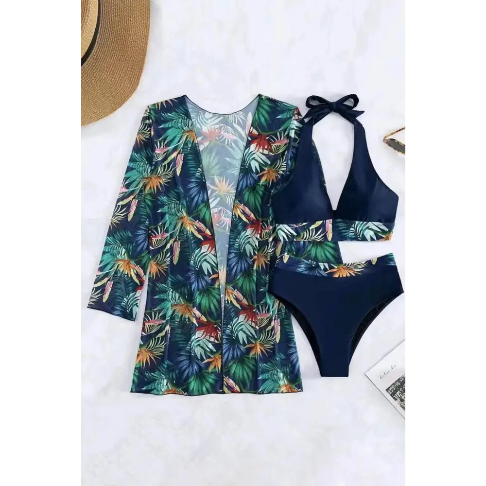 Romantic Printed Halter Neck Three-Piece Swim Set for Beach Bliss