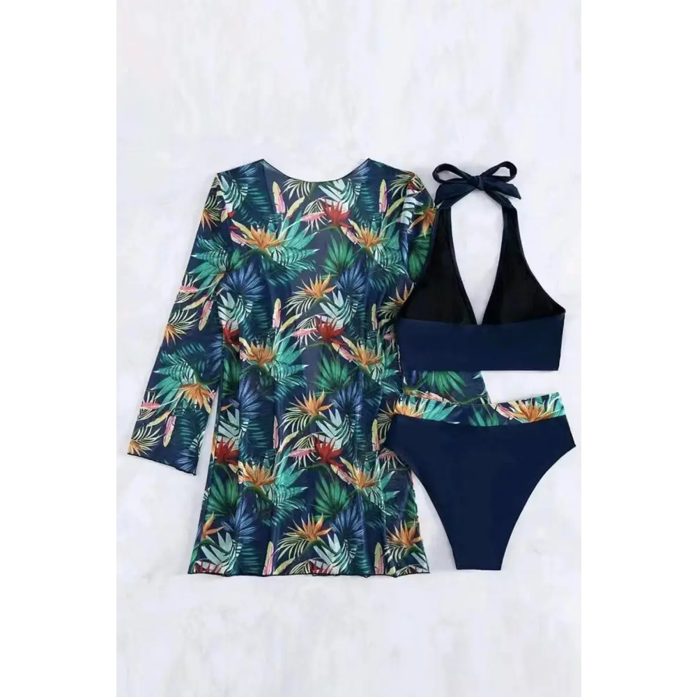 Romantic Printed Halter Neck Three-Piece Swim Set for Beach Bliss