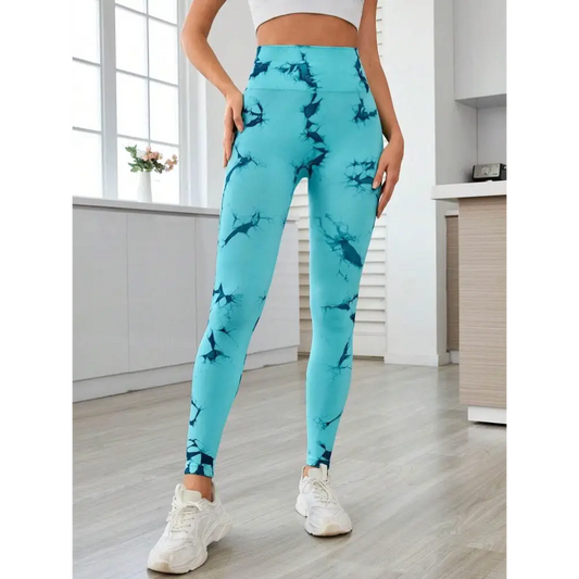 Printed High Waist Active Leggings - Turquoise / S - CynthiaMonica CM